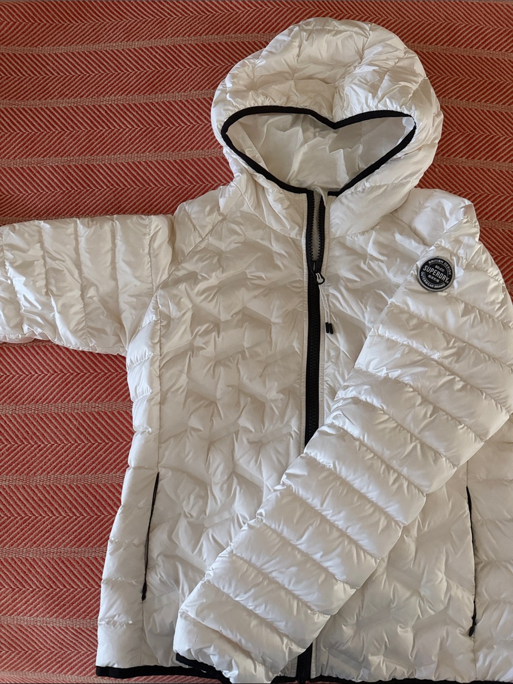 Superdry Kids White Hooded Puffer Jacket with Black Trim